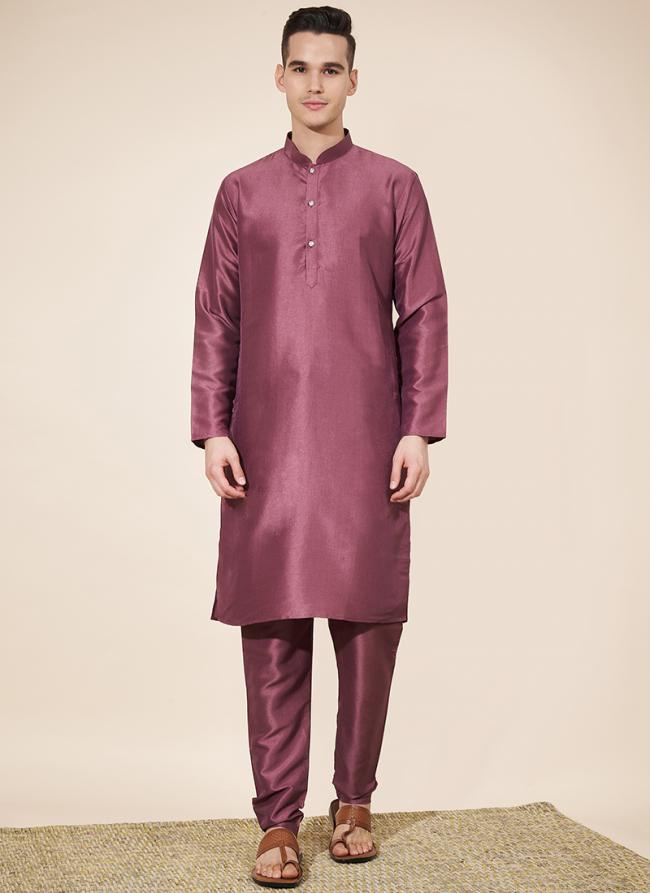 Pure Silk Dark Pink Traditional Wear Plain Readymade Kurta Pajama